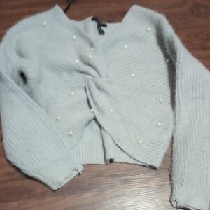 Elegant Pearl-Embellished Gray Sweater